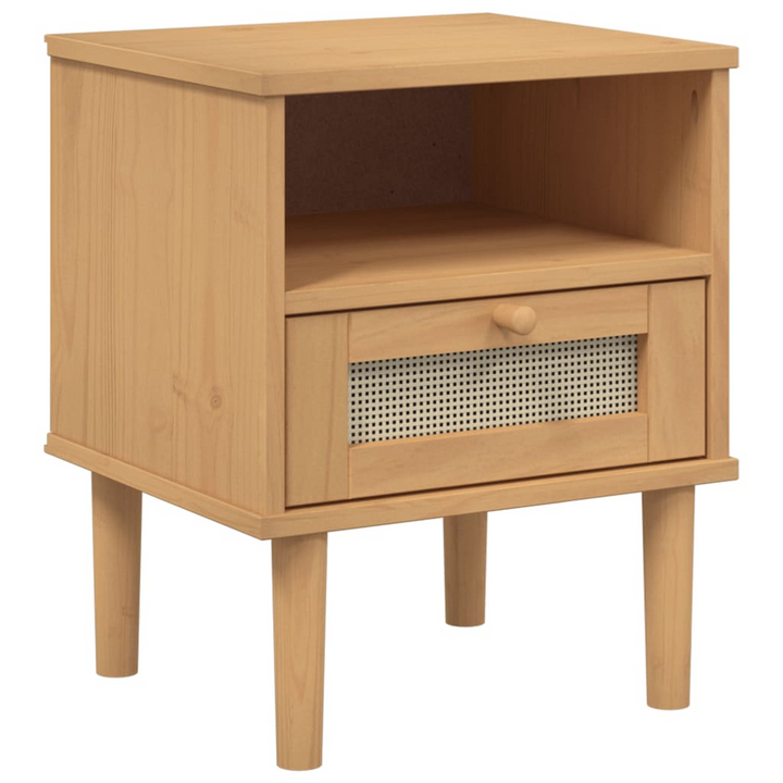 SENJA Bedside Cabinet with Rattan Look - Elegant Brown Solid Pine Wood, 40x35x48 cm - Premium  from Home Treasures - Just £42.99! Shop now at Home Treasures