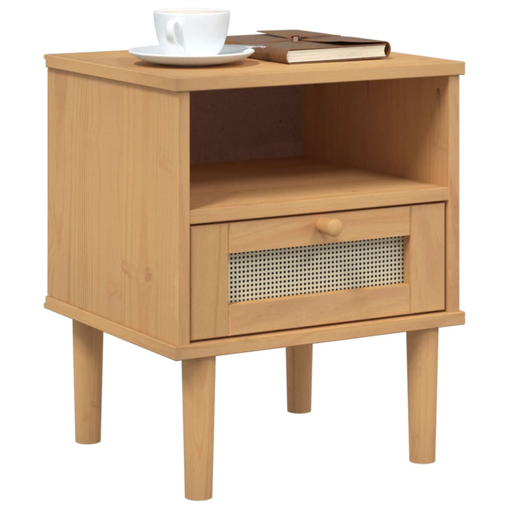 SENJA Bedside Cabinet with Rattan Look - Elegant Brown Solid Pine Wood, 40x35x48 cm - Premium  from Home Treasures - Just £42.99! Shop now at Home Treasures