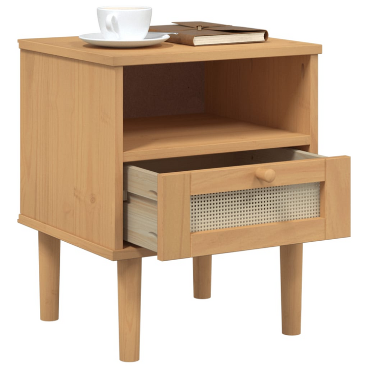 SENJA Bedside Cabinet with Rattan Look - Elegant Brown Solid Pine Wood, 40x35x48 cm - Premium  from Home Treasures - Just £42.99! Shop now at Home Treasures