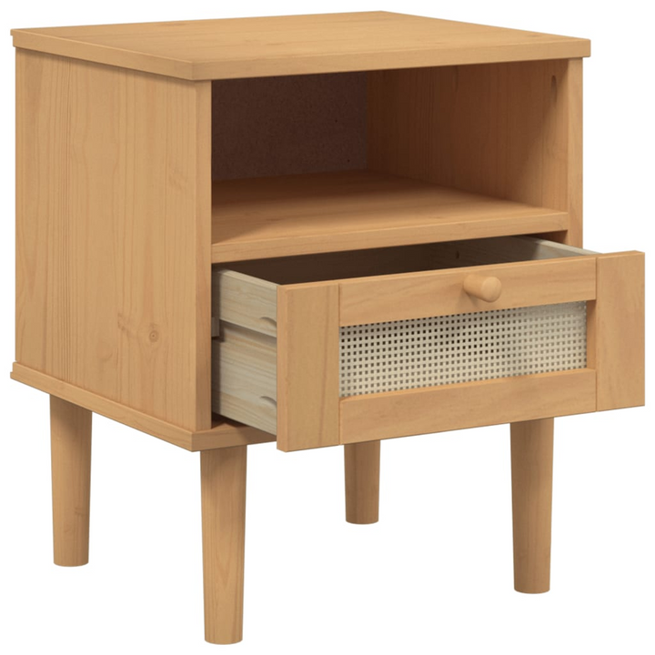 SENJA Bedside Cabinet with Rattan Look - Elegant Brown Solid Pine Wood, 40x35x48 cm - Premium  from Home Treasures - Just £42.99! Shop now at Home Treasures