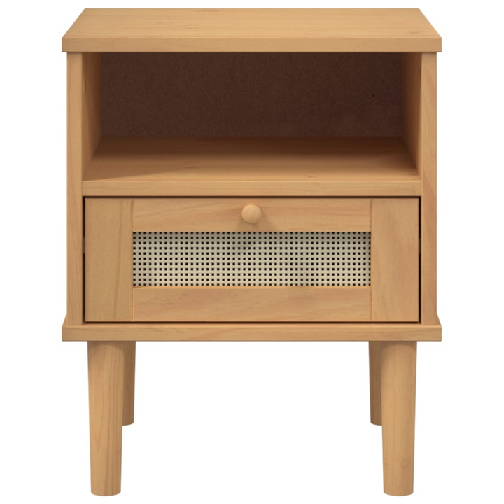 SENJA Bedside Cabinet with Rattan Look - Elegant Brown Solid Pine Wood, 40x35x48 cm - Premium  from Home Treasures - Just £42.99! Shop now at Home Treasures