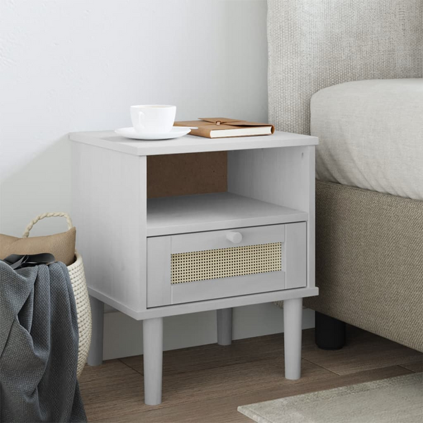 SENJA White Bedside Cabinet with Rattan Look - 40x35x48 cm, Solid Pine Wood - Premium  from Home Treasures - Just £53.99! Shop now at Home Treasures