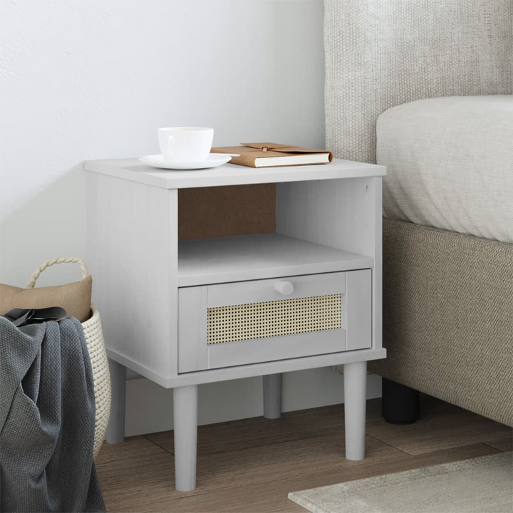 SENJA White Bedside Cabinet with Rattan Look - 40x35x48 cm, Solid Pine Wood - Premium  from Home Treasures - Just £51.99! Shop now at Home Treasures