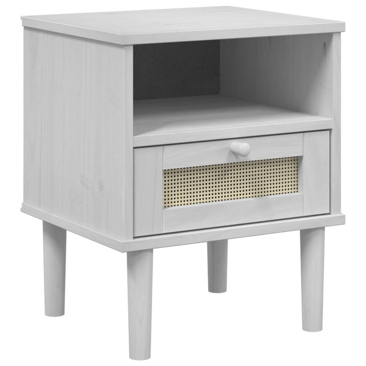 SENJA White Bedside Cabinet with Rattan Look - 40x35x48 cm, Solid Pine Wood - Premium  from Home Treasures - Just £51.99! Shop now at Home Treasures