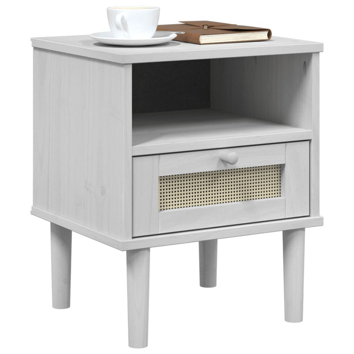 SENJA White Bedside Cabinet with Rattan Look - 40x35x48 cm, Solid Pine Wood - Premium  from Home Treasures - Just £51.99! Shop now at Home Treasures