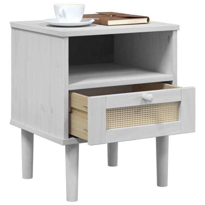 SENJA White Bedside Cabinet with Rattan Look - 40x35x48 cm, Solid Pine Wood - Premium  from Home Treasures - Just £51.99! Shop now at Home Treasures