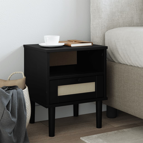 SENJA Bedside Cabinet - Stylish Rattan Look Nightstand in Solid Pine Wood, Black, 40x35x48 cm with Ample Storage - Premium  from Home Treasures - Just £60.99! Shop now at Home Treasures