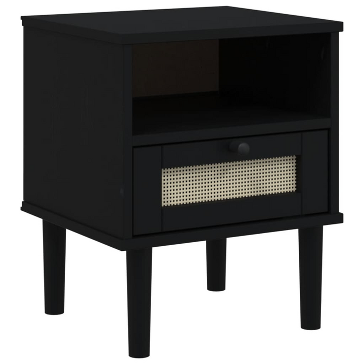 SENJA Bedside Cabinet - Stylish Rattan Look Nightstand in Solid Pine Wood, Black, 40x35x48 cm with Ample Storage - Premium  from Home Treasures - Just £54.99! Shop now at Home Treasures