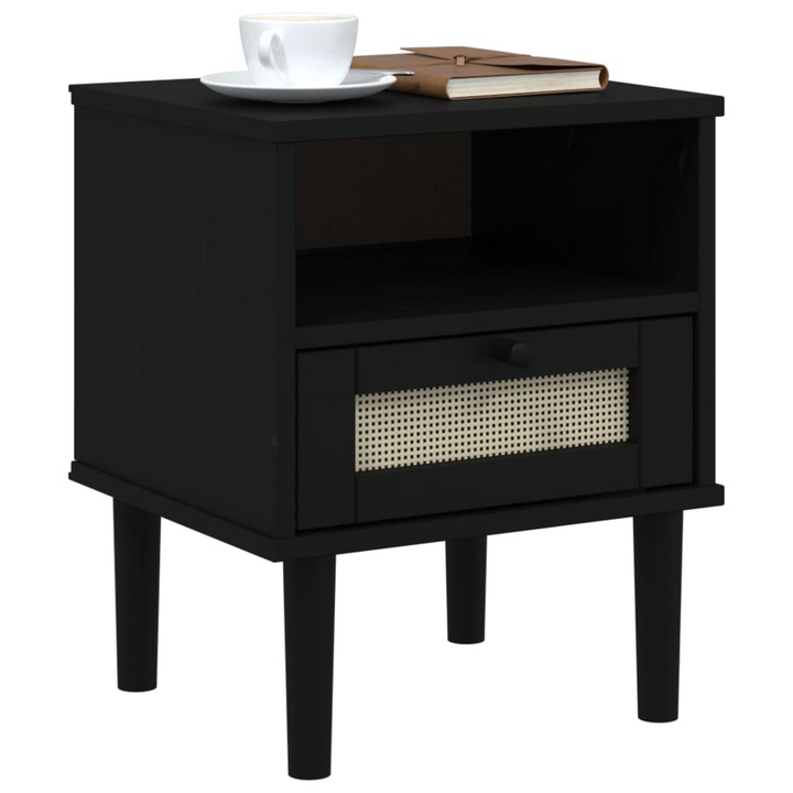 SENJA Bedside Cabinet - Stylish Rattan Look Nightstand in Solid Pine Wood, Black, 40x35x48 cm with Ample Storage - Premium  from Home Treasures - Just £54.99! Shop now at Home Treasures