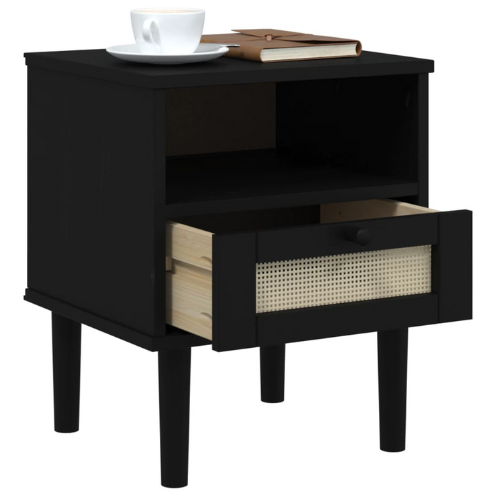 SENJA Bedside Cabinet - Stylish Rattan Look Nightstand in Solid Pine Wood, Black, 40x35x48 cm with Ample Storage - Premium  from Home Treasures - Just £54.99! Shop now at Home Treasures