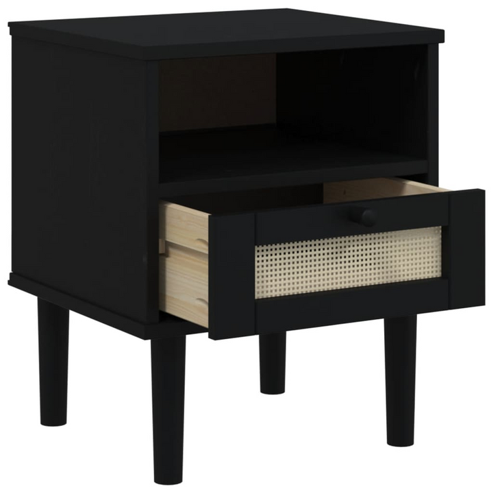 SENJA Bedside Cabinet - Stylish Rattan Look Nightstand in Solid Pine Wood, Black, 40x35x48 cm with Ample Storage - Premium  from Home Treasures - Just £54.99! Shop now at Home Treasures