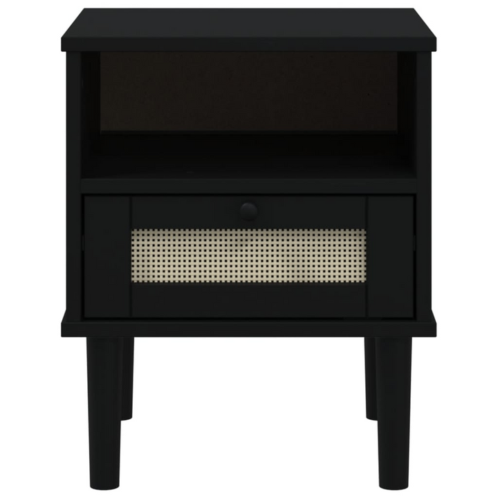 SENJA Bedside Cabinet - Stylish Rattan Look Nightstand in Solid Pine Wood, Black, 40x35x48 cm with Ample Storage - Premium  from Home Treasures - Just £54.99! Shop now at Home Treasures