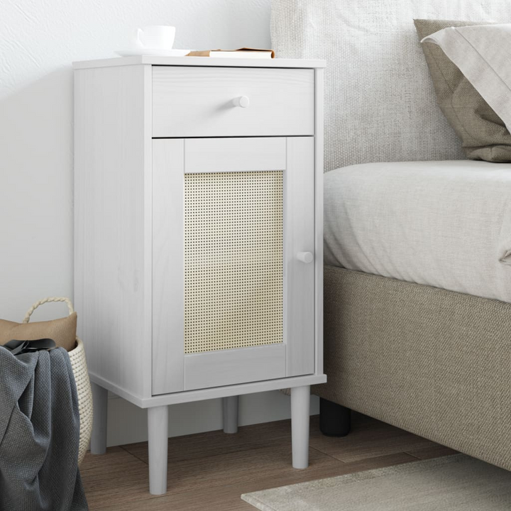 SENJA Bedside Cabinet with Rattan Look - White, Solid Pine Wood, 40x35x80 cm - Stylish and Functional - Premium  from Home Treasures - Just £60.99! Shop now at Home Treasures