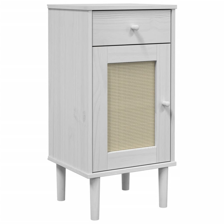 SENJA Bedside Cabinet with Rattan Look - White, Solid Pine Wood, 40x35x80 cm - Stylish and Functional - Premium  from Home Treasures - Just £60.99! Shop now at Home Treasures