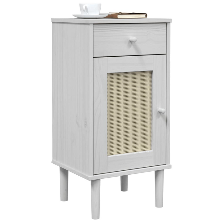 SENJA Bedside Cabinet with Rattan Look - White, Solid Pine Wood, 40x35x80 cm - Stylish and Functional - Premium  from Home Treasures - Just £60.99! Shop now at Home Treasures