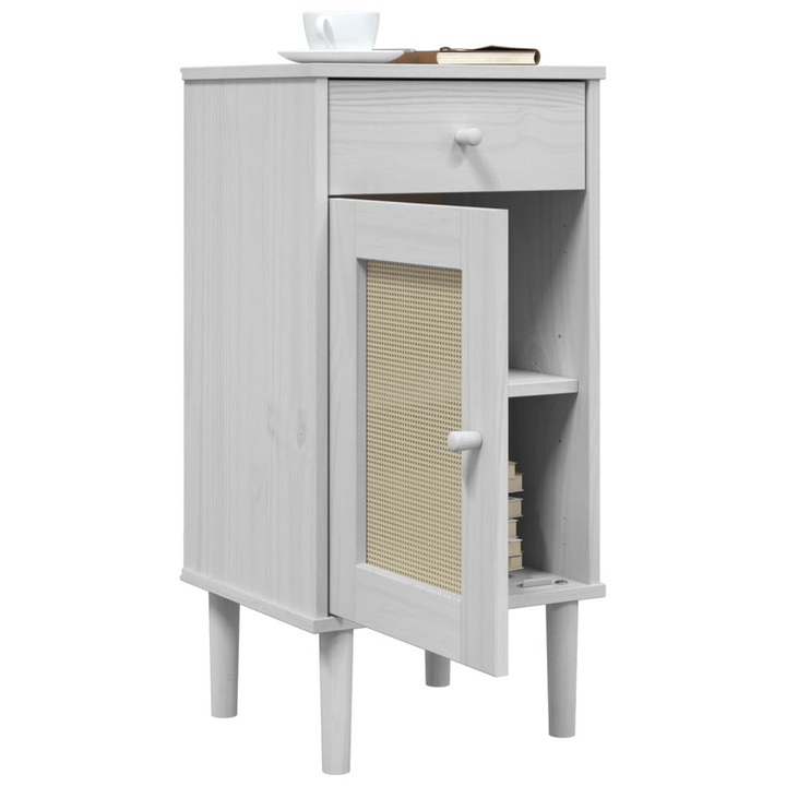 SENJA Bedside Cabinet with Rattan Look - White, Solid Pine Wood, 40x35x80 cm - Stylish and Functional - Premium  from Home Treasures - Just £60.99! Shop now at Home Treasures