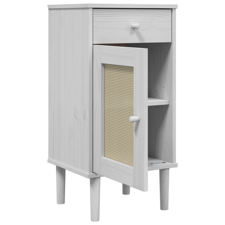 SENJA Bedside Cabinet with Rattan Look - White, Solid Pine Wood, 40x35x80 cm - Stylish and Functional - Premium  from Home Treasures - Just £60.99! Shop now at Home Treasures