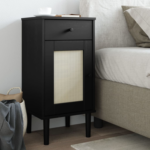 SENJA Bedside Cabinet with Rattan Look - Solid Pine Wood, Black - 40x35x80 cm | Elegant & Functional Storage Solution - Premium  from Home Treasures - Just £69.99! Shop now at Home Treasures