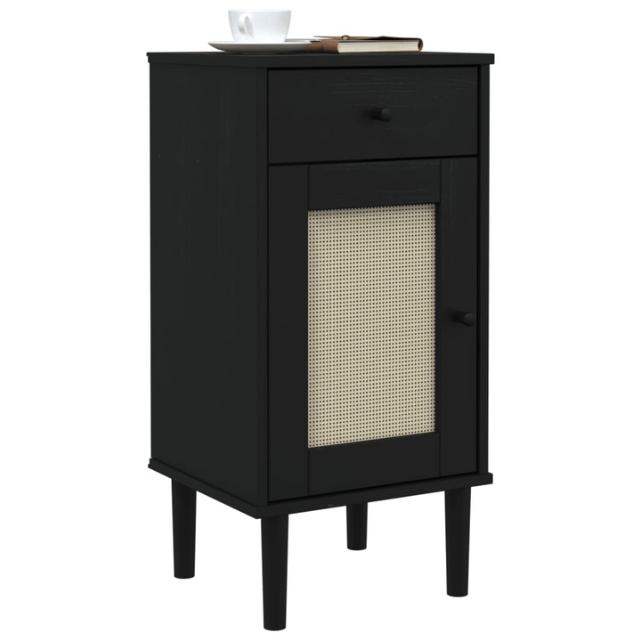 SENJA Bedside Cabinet with Rattan Look - Solid Pine Wood, Black - 40x35x80 cm | Elegant & Functional Storage Solution - Premium  from Home Treasures - Just £69.99! Shop now at Home Treasures