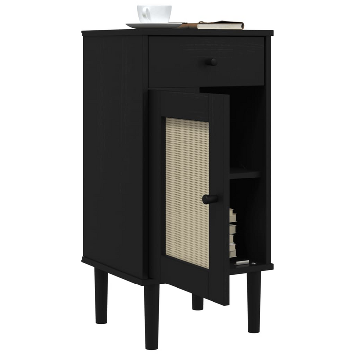 SENJA Bedside Cabinet with Rattan Look - Solid Pine Wood, Black - 40x35x80 cm | Elegant & Functional Storage Solution - Premium  from Home Treasures - Just £69.99! Shop now at Home Treasures