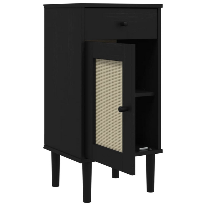 SENJA Bedside Cabinet with Rattan Look - Solid Pine Wood, Black - 40x35x80 cm | Elegant & Functional Storage Solution - Premium  from Home Treasures - Just £69.99! Shop now at Home Treasures