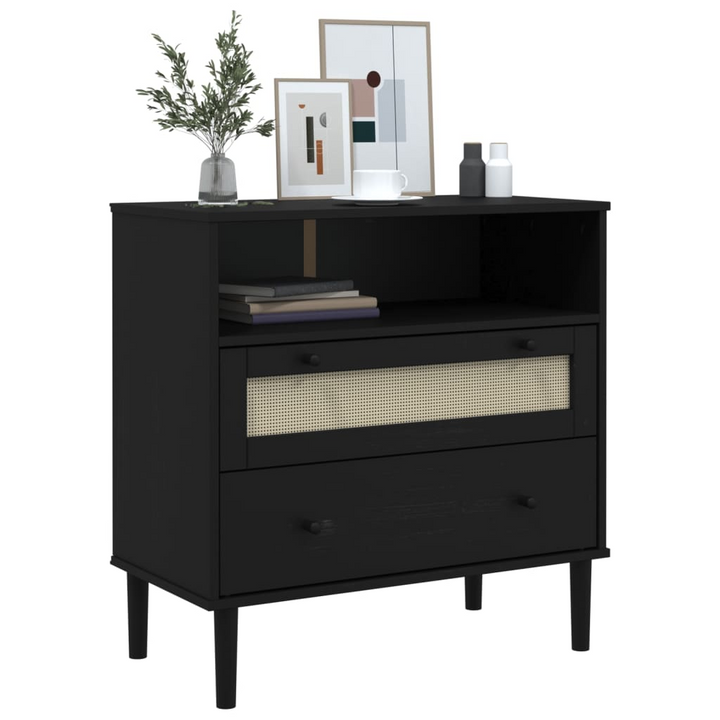 SENJA Sideboard with Rattan Look in Black - 80x40x80 cm, Solid Pine Wood, Midcentury Boho Style Furniture - Premium  from Home Treasures - Just £93.99! Shop now at Home Treasures