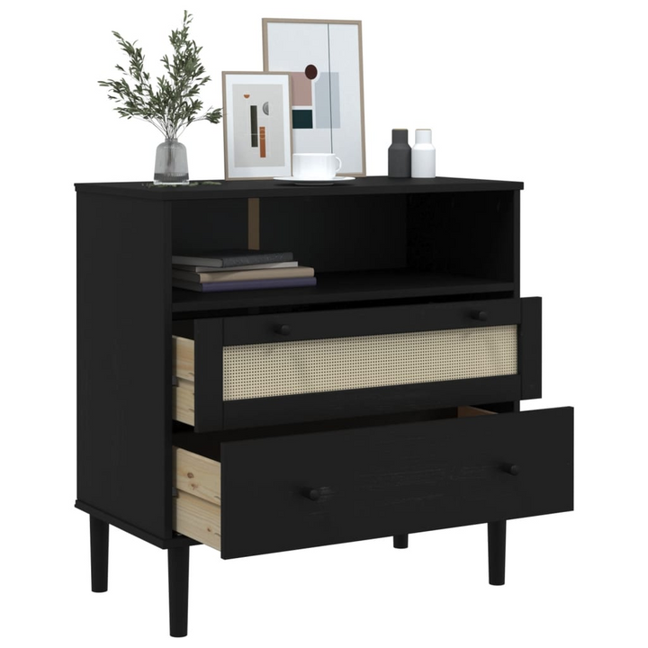 SENJA Sideboard with Rattan Look in Black - 80x40x80 cm, Solid Pine Wood, Midcentury Boho Style Furniture - Premium  from Home Treasures - Just £93.99! Shop now at Home Treasures