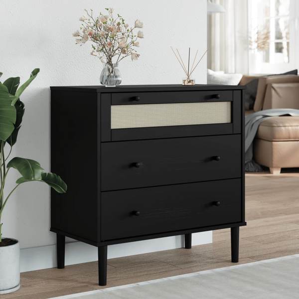 SENJA Drawer Cabinet - Rattan Look, Black, 80x40x80 cm, Solid Pine Wood - Elegant & Functional Storage Solution - Premium  from Home Treasures - Just £150.99! Shop now at Home Treasures