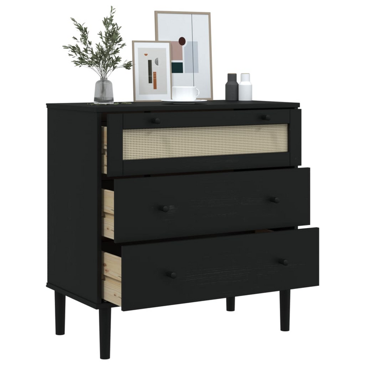 SENJA Drawer Cabinet - Rattan Look, Black, 80x40x80 cm, Solid Pine Wood - Elegant & Functional Storage Solution - Premium  from Home Treasures - Just £146.99! Shop now at Home Treasures