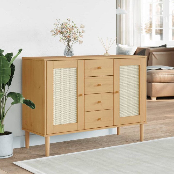 SENJA Sideboard with Rattan Look in Brown - Solid Pine Wood Cabinet | Mid-Century Modern & Boho Design | Ample Storage 112x40x80 cm - Premium  from Home Treasures - Just £134.99! Shop now at Home Treasures