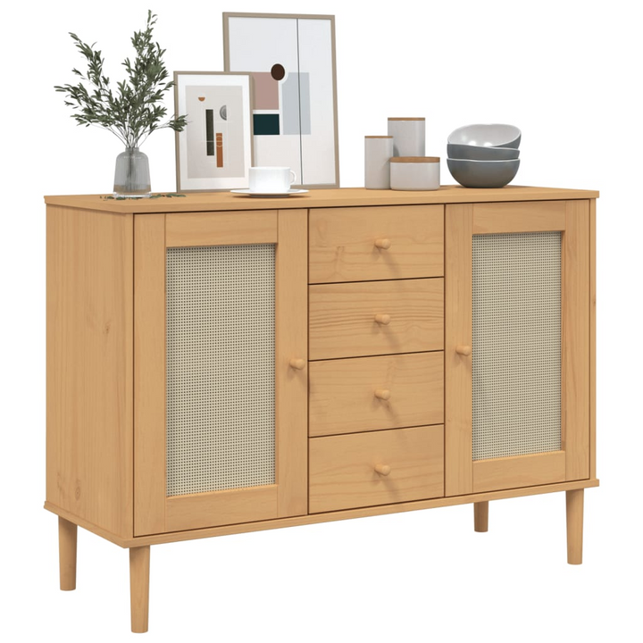 SENJA Sideboard with Rattan Look in Brown - Solid Pine Wood Cabinet | Mid-Century Modern & Boho Design | Ample Storage 112x40x80 cm - Premium  from Home Treasures - Just £134.99! Shop now at Home Treasures