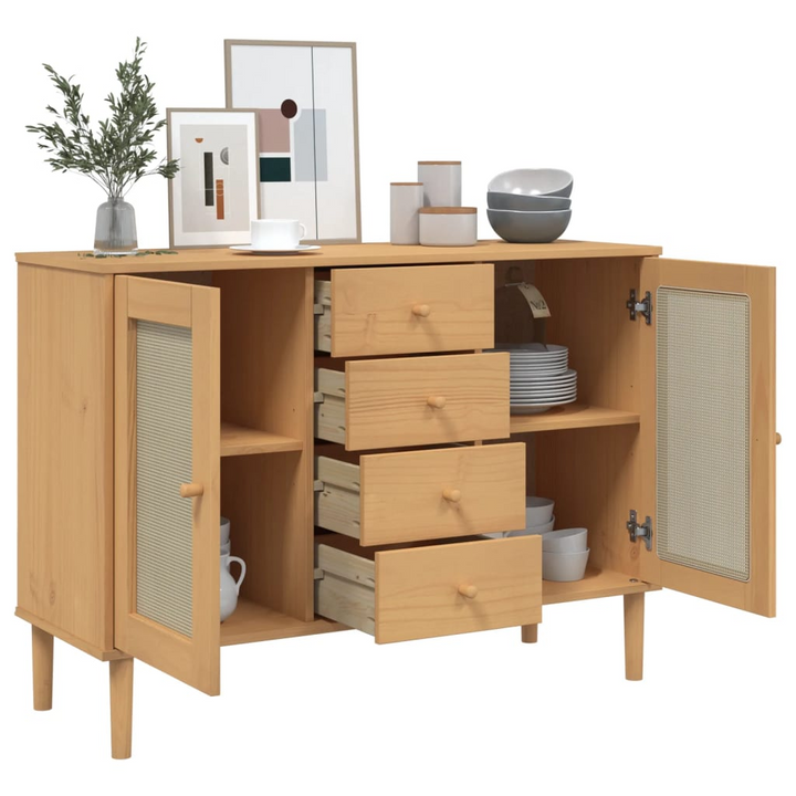 SENJA Sideboard with Rattan Look in Brown - Solid Pine Wood Cabinet | Mid-Century Modern & Boho Design | Ample Storage 112x40x80 cm - Premium  from Home Treasures - Just £134.99! Shop now at Home Treasures