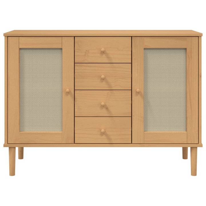 SENJA Sideboard with Rattan Look in Brown - Solid Pine Wood Cabinet | Mid-Century Modern & Boho Design | Ample Storage 112x40x80 cm - Premium  from Home Treasures - Just £134.99! Shop now at Home Treasures