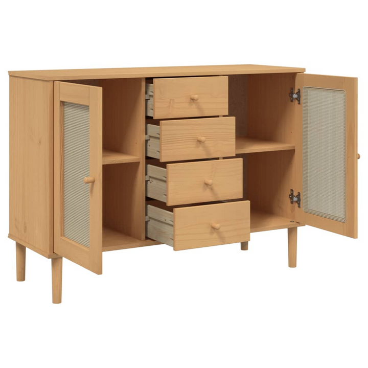 SENJA Sideboard with Rattan Look in Brown - Solid Pine Wood Cabinet | Mid-Century Modern & Boho Design | Ample Storage 112x40x80 cm - Premium  from Home Treasures - Just £134.99! Shop now at Home Treasures