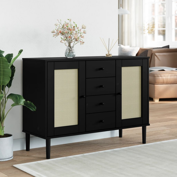 SENJA Sideboard - Black, Rattan Look, Solid Pine Wood, 112x40x80 cm - Mid-century Modern Boho Storage Cabinet - Premium  from Home Treasures - Just £162.99! Shop now at Home Treasures