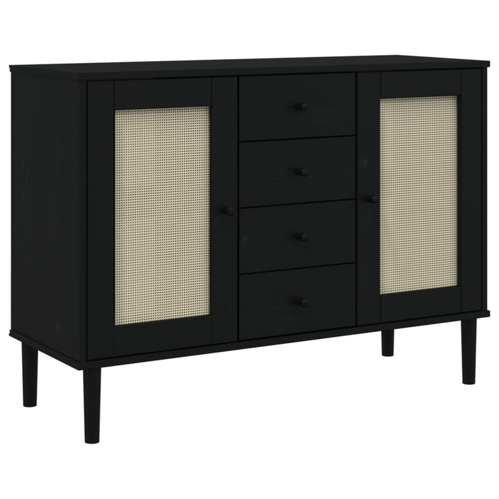 SENJA Sideboard - Black, Rattan Look, Solid Pine Wood, 112x40x80 cm - Mid-century Modern Boho Storage Cabinet - Premium  from Home Treasures - Just £162.99! Shop now at Home Treasures