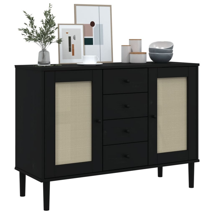 SENJA Sideboard - Black, Rattan Look, Solid Pine Wood, 112x40x80 cm - Mid-century Modern Boho Storage Cabinet - Premium  from Home Treasures - Just £162.99! Shop now at Home Treasures