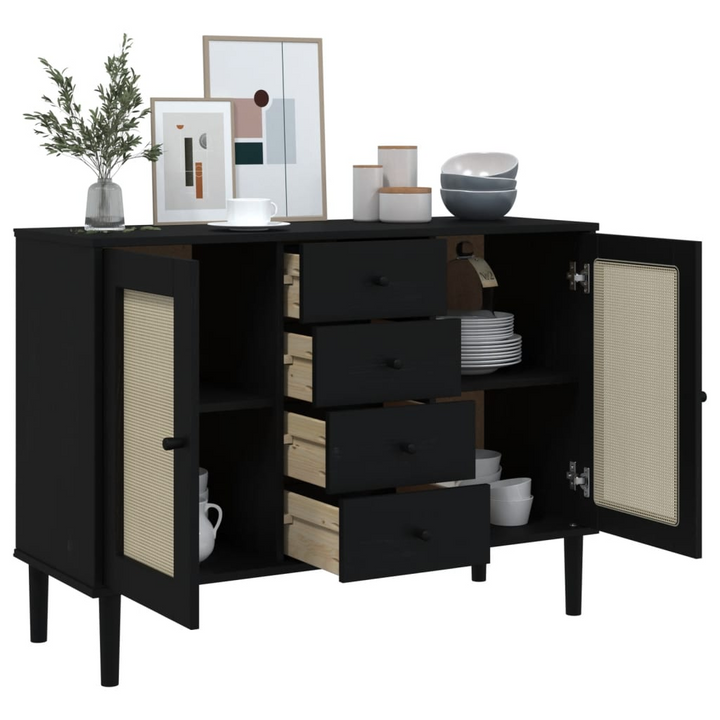 SENJA Sideboard - Black, Rattan Look, Solid Pine Wood, 112x40x80 cm - Mid-century Modern Boho Storage Cabinet - Premium  from Home Treasures - Just £162.99! Shop now at Home Treasures