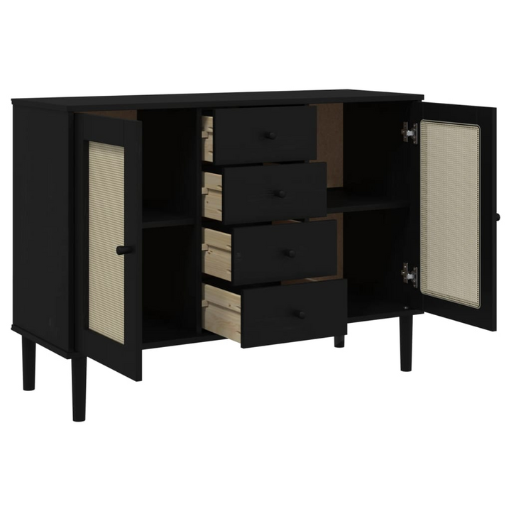 SENJA Sideboard - Black, Rattan Look, Solid Pine Wood, 112x40x80 cm - Mid-century Modern Boho Storage Cabinet - Premium  from Home Treasures - Just £162.99! Shop now at Home Treasures