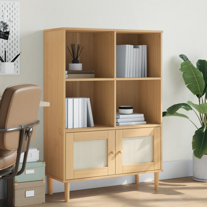 SENJA Rattan Look Bookcase - Solid Pine Wood, Brown, 90x35x130 cm - Elegant & Practical Storage Solution - Premium  from Home Treasures - Just £104.99! Shop now at Home Treasures