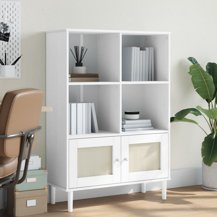 SENJA Rattan Look Bookcase - White, Solid Pine Wood, 90x35x130 cm - Modern Home Décor - Premium  from Home Treasures - Just £105.99! Shop now at Home Treasures