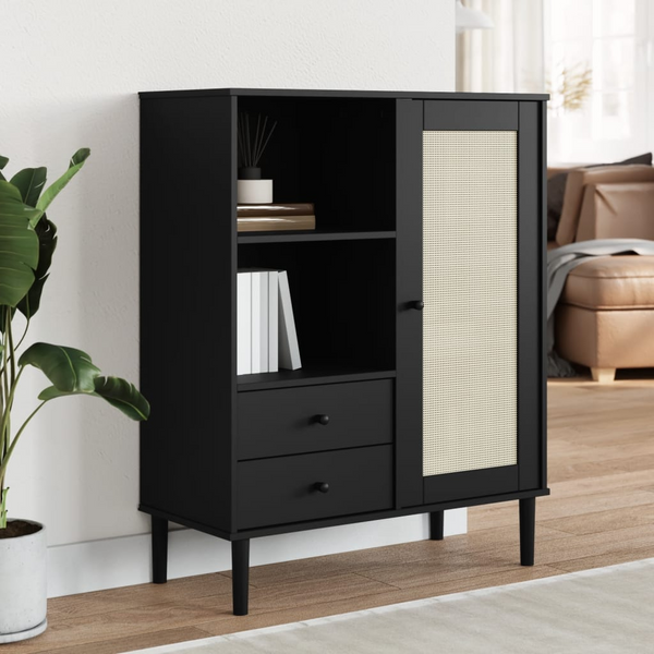 SENJA Highboard - Elegant Black Rattan Look | Solid Pine Wood | 90x40x112 cm - Premium  from Home Treasures - Just £125.99! Shop now at Home Treasures