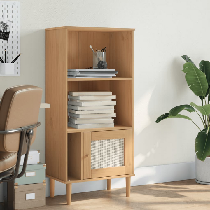 SENJA Bookcase with Rattan Look in Brown | 60x35x130cm Solid Pine Wood Bookcase | UV Varnish Finish - Premium  from Home Treasures - Just £78.99! Shop now at Home Treasures