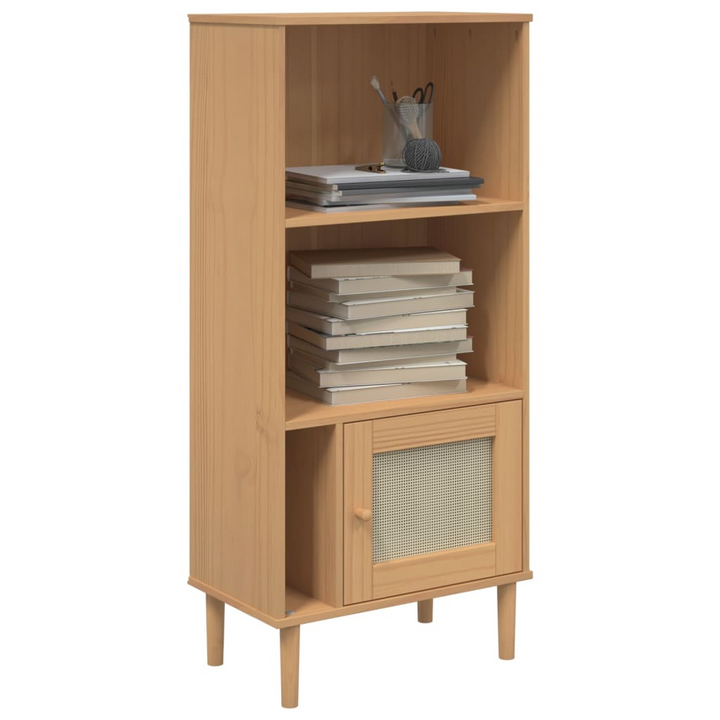 SENJA Bookcase with Rattan Look in Brown | 60x35x130cm Solid Pine Wood Bookcase | UV Varnish Finish - Premium  from Home Treasures - Just £78.99! Shop now at Home Treasures