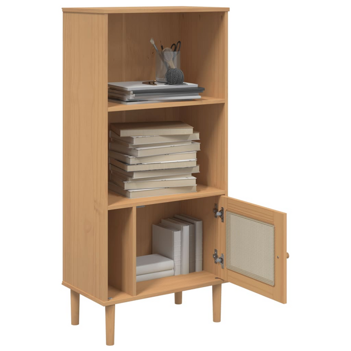 SENJA Bookcase with Rattan Look in Brown | 60x35x130cm Solid Pine Wood Bookcase | UV Varnish Finish - Premium  from Home Treasures - Just £78.99! Shop now at Home Treasures