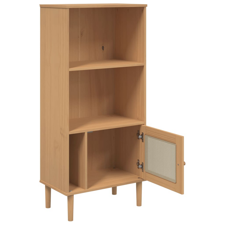 SENJA Bookcase with Rattan Look in Brown | 60x35x130cm Solid Pine Wood Bookcase | UV Varnish Finish - Premium  from Home Treasures - Just £78.99! Shop now at Home Treasures