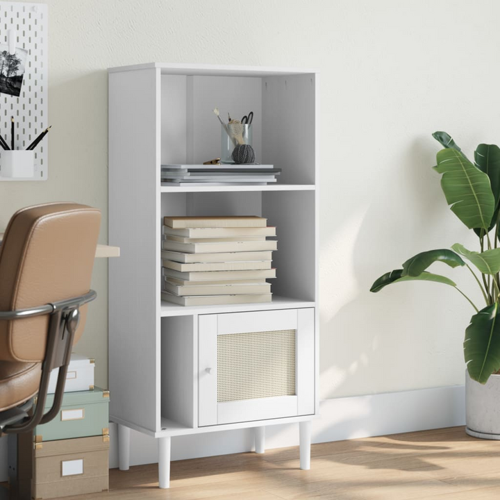 SENJA Bookcase with Rattan Look in White - Solid Pine Wood 60x35x130 cm - Premium  from Home Treasures - Just £77.99! Shop now at Home Treasures