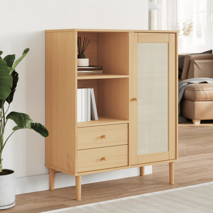 SENJA Highboard with Rattan Look in Brown - Solid Pine Wood, 90x40x112 cm - Stylish and Functional Storage Solution - Premium  from Home Treasures - Just £120.99! Shop now at Home Treasures