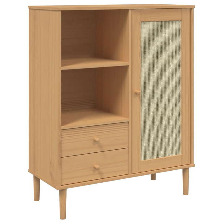 SENJA Highboard with Rattan Look in Brown - Solid Pine Wood, 90x40x112 cm - Stylish and Functional Storage Solution - Premium  from Home Treasures - Just £120.99! Shop now at Home Treasures