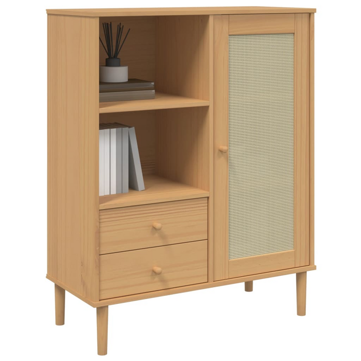 SENJA Highboard with Rattan Look in Brown - Solid Pine Wood, 90x40x112 cm - Stylish and Functional Storage Solution - Premium  from Home Treasures - Just £120.99! Shop now at Home Treasures